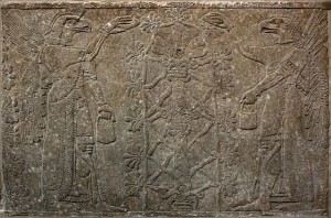 Neo-Assyrian bas relief from Nimrud, North-West Palace, Room I. Divine beings blessing the Sacred Tree, ca. 860 BCE. British Museum, London. Photograph by Antoine Motte dit Falisse.